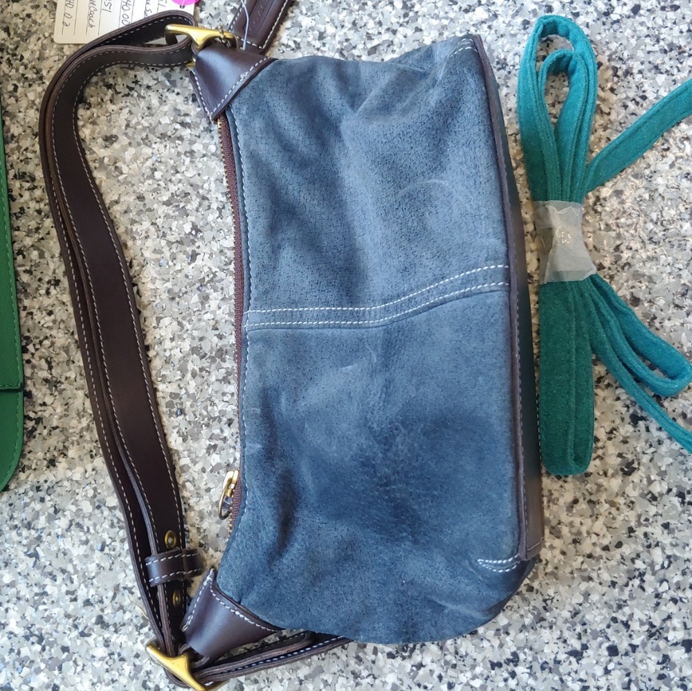 Blue Suede Coach bag with brown leather trim